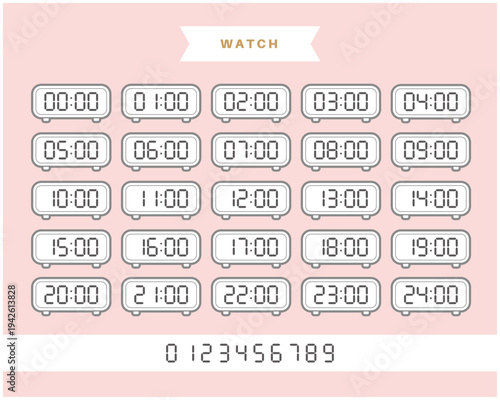 Complete Digital Clock Set from 00:00 to 24:00: Vector Illustration of Minimalist Alarm Clocks with Numeric Font for Schedule, Time Management, and UI Design