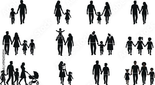 Happy Family Silhouettes Set with Parents Children and Grandparents Walking Together