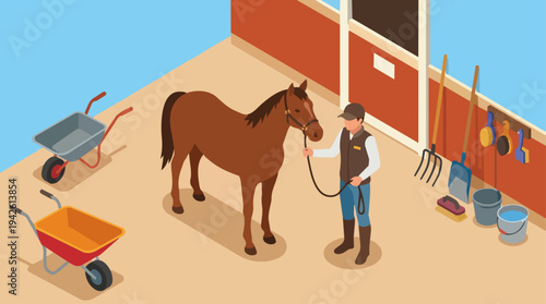 Horse Trainer Teaching Stable Skills

Flat vector illustration of a horse trainer teaching a student how to handle a horse safely. Stable tools and equipment visible. Flat vector style, educational 