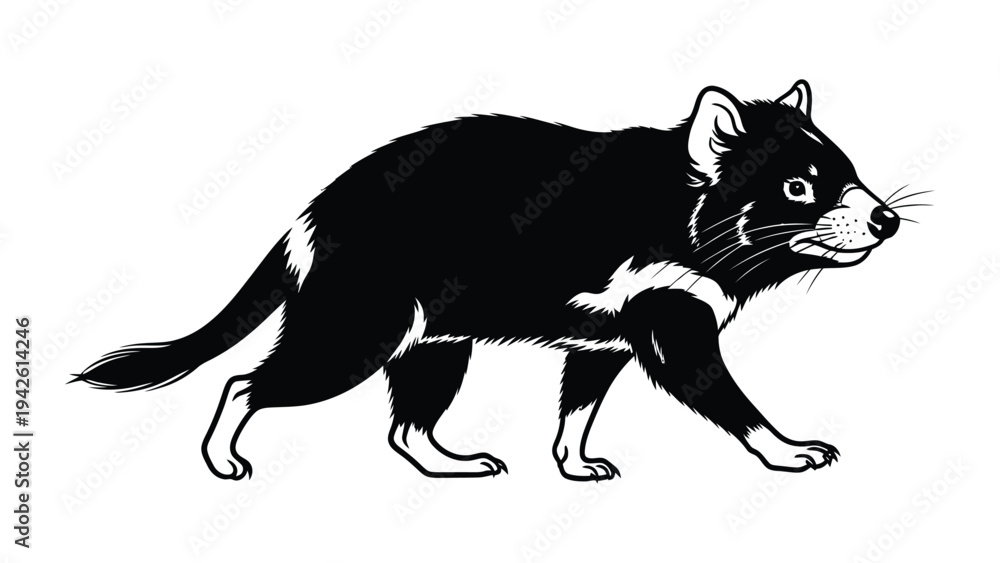 Obraz premium Tasmanian Devil Illustration: An illustrative portrayal of a Tasmanian devil, showcasing its distinctive black fur, white markings, and fierce demeanor.
