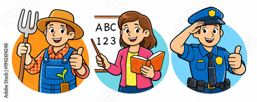 Colorful avatar set shows farmer, teacher and police officer in circular badges. Friendly public service characters represent education, agriculture, safety, authority and social support.
