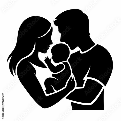 Silhouette of loving parents holding their baby close in an intimate family embrace. Parenthood vector illustration for bonding, newborn care, motherhood, fatherhood and love concept.