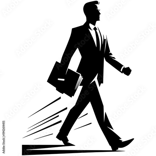 Businessman in Pursuit: A silhouette of a determined businessman strides forward, briefcase in hand, embodying the relentless drive for success.