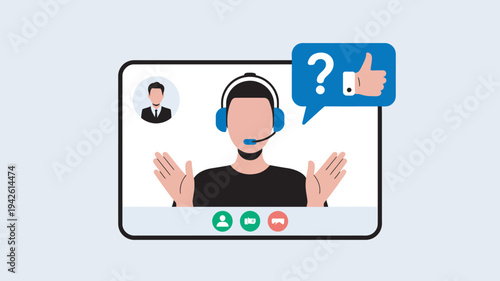 A cartoon man in a headset appears confused during a video call on a computer screen with a question mark in a speech bubble.