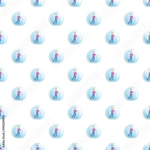 Person inside a protective transparent bubble maintaining social distance in an isometric seamless pattern