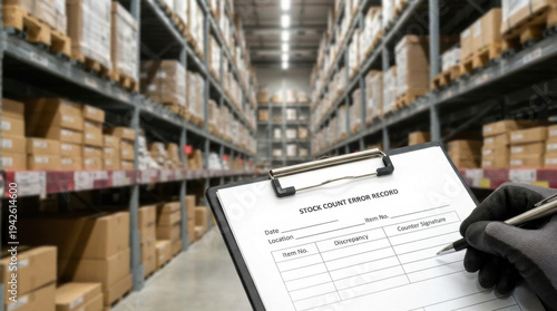 Stock Count Error Record in Large Warehouse Aisle