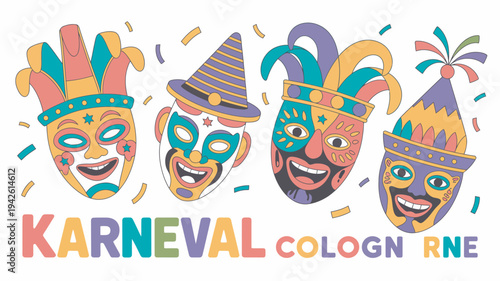 A colorful illustration of four carnival masks with confetti and the words Karneval Cologne.