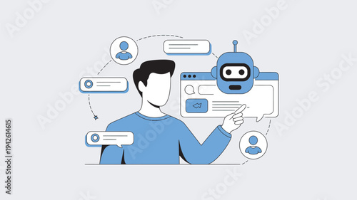 A man interacts with a chatbot on a computer screen, surrounded by conversation bubbles and user icons.