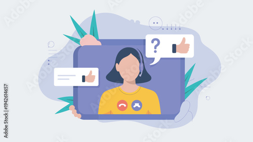 A cartoon woman appears on a large purple screen with thumbs up and question mark icons