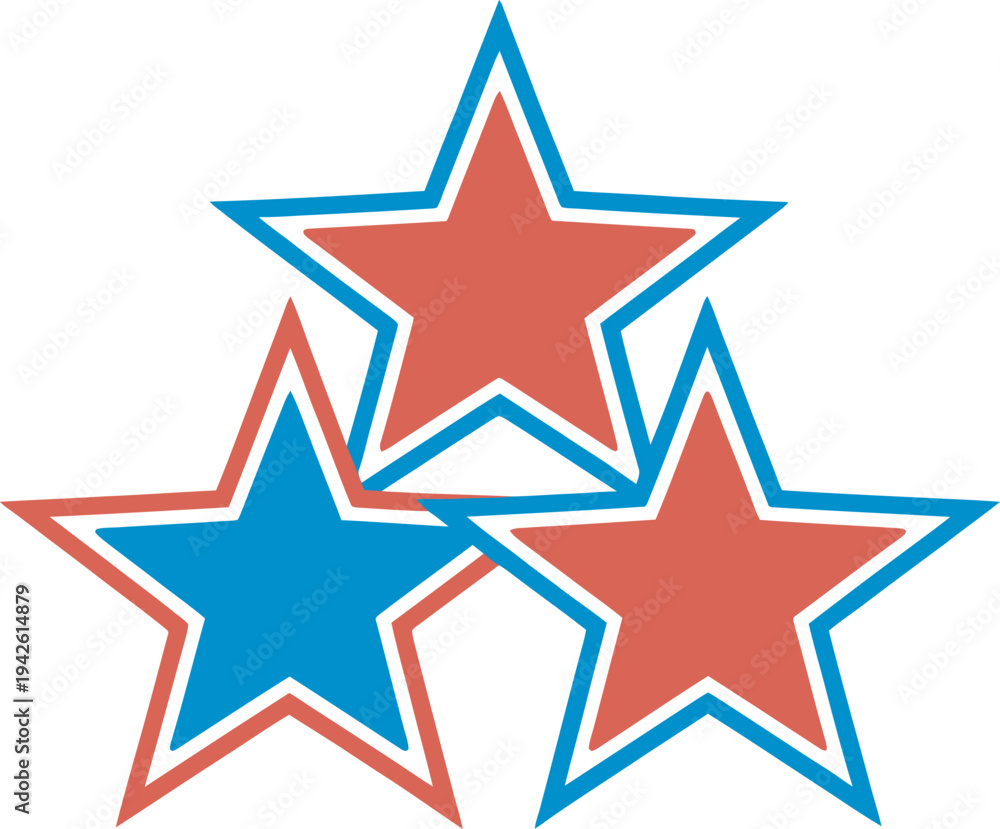 Obraz premium Three overlaid graphic stars in red and blue colors with white outlines forming a dynamic design element