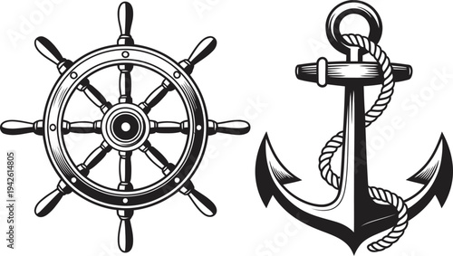 Vintage nautical ships wheel and anchor with rope isolated on transparent background