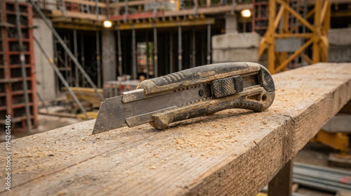 Rustic Handled Utility Knife on Weathered Wooden Beam at Construction Site