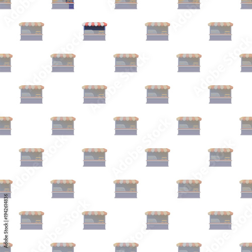 Seamless pattern featuring flat street market stalls or food kiosks on white background