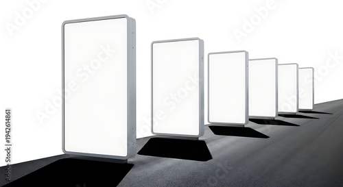 Row of Blank Advertising Displays with Shadows on a Gray Surface, Mockup.