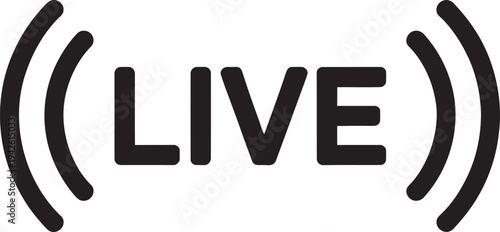 Modern black and white live broadcast symbol with signal waves and text for streaming content
