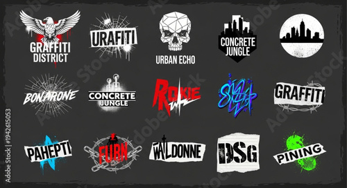Collection of urban-themed logos featuring graffiti, concrete, and cityscapes in a grunge style.