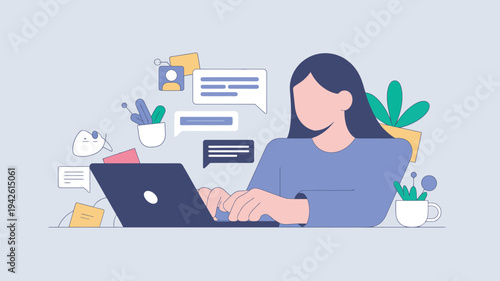 A woman working on her laptop surrounded by office supplies and plants in a modern workspace