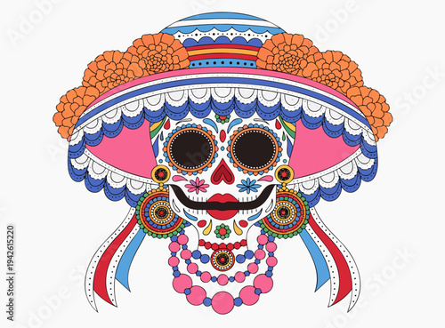 La Catrina skull lady vector portrait Día de los Muertos poster set, day dead with skull on white background. Halloween costume. Cartoon vector illustration. Holiday Muertos