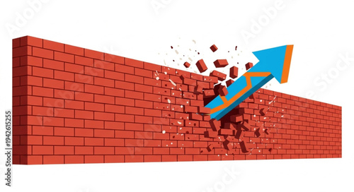 Breaking Brick Wall with Blue Arrow.