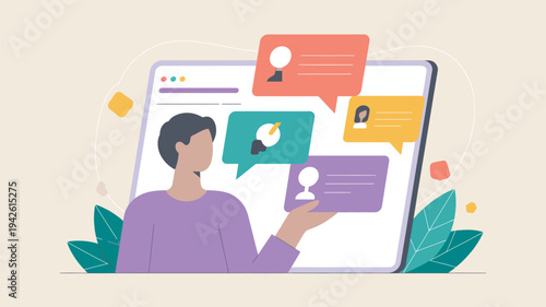 A person interacting with a large smartphone displaying social media and chat bubbles.