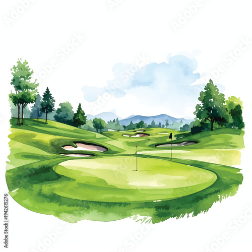 Golf Course Drawing Realistic Watercolor Illustration on White Background
