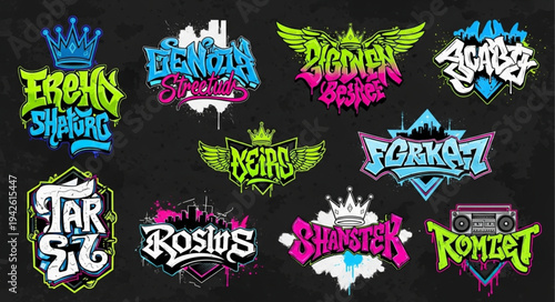 Collection of Graffiti Style Logos and Designs with Bold Lettering and Urban Art Elements.