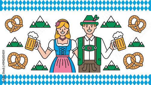 A cartoon illustration of a traditional German couple enjoying beer and pretzels in a festive setting.