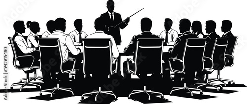 Large corporate business team in silhouette attending a board meeting while an executive leader gives a presentation with a pointer.