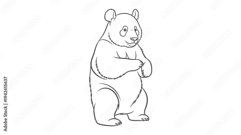Fototapeta premium Playful Panda Outline: A charming panda bear, rendered in a simple line drawing style, stands upright, exuding a sense of gentle inquisitiveness and charm. 