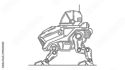 Mechanized Sentinel: A meticulously crafted outline of a futuristic robotic guardian, ready to stand watch, showcasing the elegance of design and hinting at technological advancement. 