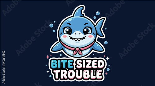 A cute but mischievous baby shark with the funny quote "Bite Sized Trouble". Kawaii cartoon vector sticker for feisty and playful personalities.