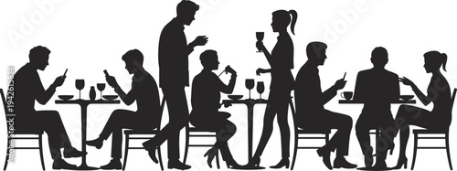 Vector silhouette illustration of people in a cafe sitting together but ignoring each other by looking at their mobile phones.