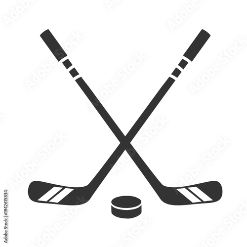 Crossed ice hockey sticks and puck icon. Logo design. Black silhouette. Vector.