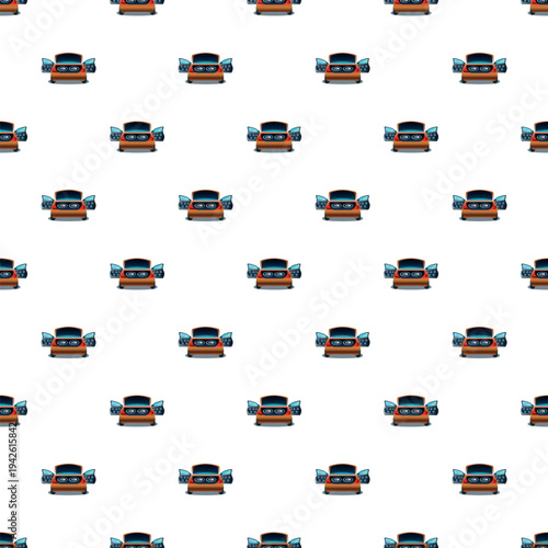 Cartoon cars with open trunks revealing subwoofers in a repeating pattern