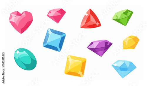 Bright colorful diamond and gemstone cartoon vector collection with multicolored precious jewels