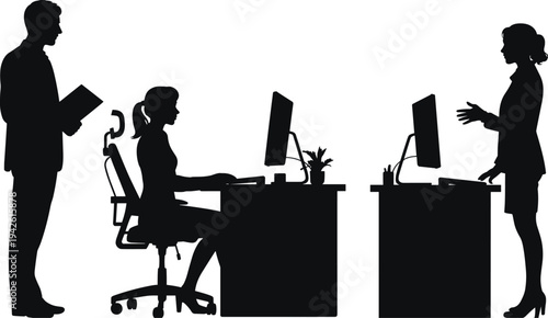 Vector silhouette illustration of male and female professional business employees working at modern office desks with computer monitors discussing strategy.