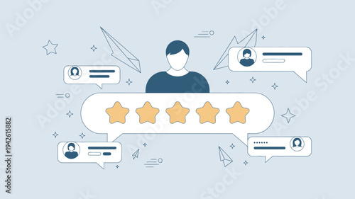 A person surrounded by speech bubbles with a five-star rating in a digital illustration