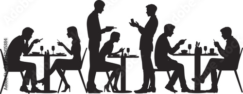 Vector silhouette illustration of people in a restaurant using mobile phones and ignoring each other due to digital technology addiction.