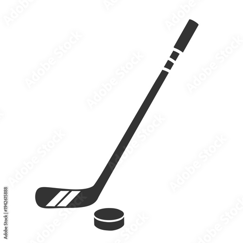 Ice hockey stick and puck icon. Logo design. Black silhouette. Vector.