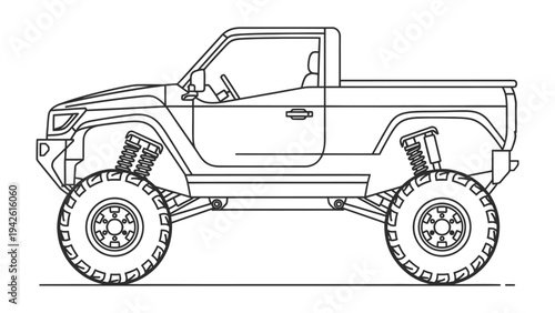 Rugged Vehicle Design: A detailed side profile of a robust truck, showcasing its powerful wheels, durable suspension, and overall strong build