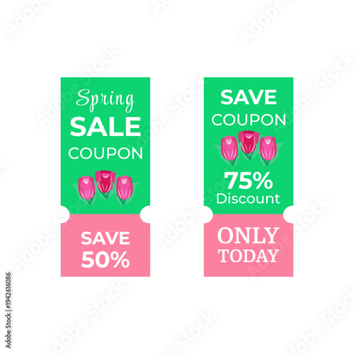 Spring sale coupons in green and pink colors, with flowers. Vector illustration. Coupons can stimulate sales with discounts. They are print, newspapers, websites,  