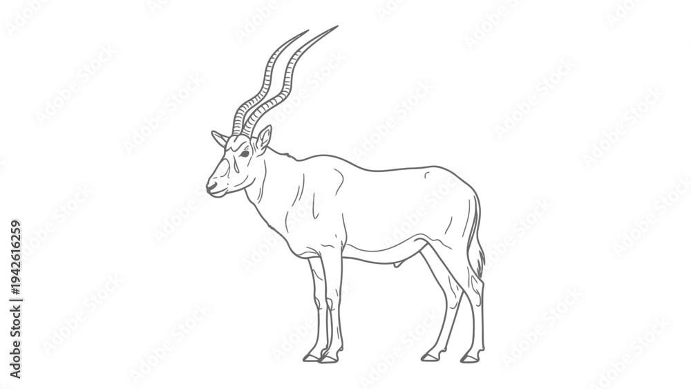 Fototapeta premium Addax Antelope Illustration: A detailed black and white illustration captures the elegant form of an Addax antelope, showcasing its distinctive long, spiraling horns and graceful posture.