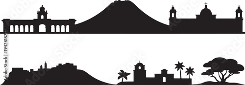 Ancient city silhouettes with monumental buildings and classic european architectural skylines