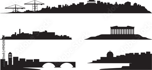 Assortment of city outline graphics displaying prominent ancient structures busy ports and scenic crossings