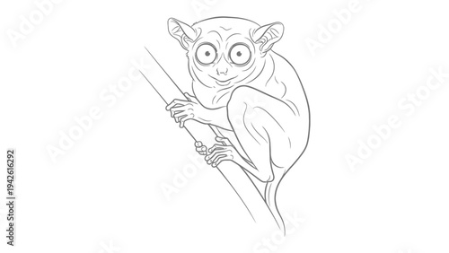 Adorable Tarsier Perched on Branch: A charming illustration captures the inquisitive gaze of a tarsier clinging to a slender branch, showcasing the endearing features of this tiny primate.