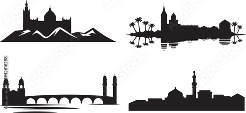 Bern Zurich Rome Dresden city skylines vector silhouettes collection with monuments