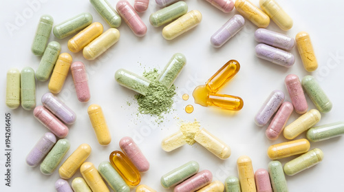 Top-view circular arrangement of colorful pastel supplement capsules with open capsules spilling powder and golden oil on white background.