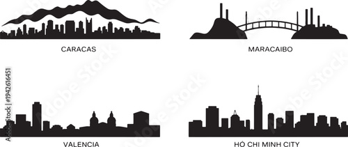 Caracas Maracaibo Valencia Ho Chi Minh City city skylines vector silhouettes collection