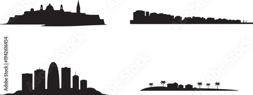 Coastal city skyline silhouettes including beach islands palm trees and modern skyscraper views