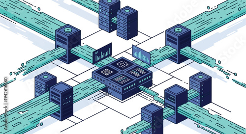 An isometric illustration of a futuristic network infrastructure with multiple server buildings and highways connecting them in a cyberpunk cityscape via RJ Whisk Auto.